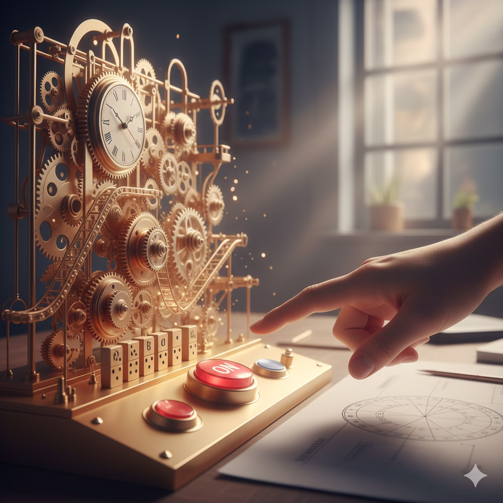 Close-up of a hand pushing a large button or flipping a switch that instantly activates a complex, self-moving clockwork or domino mechanism. This illustrates how small actions can Automate Self-Discipline and create consistent progress.