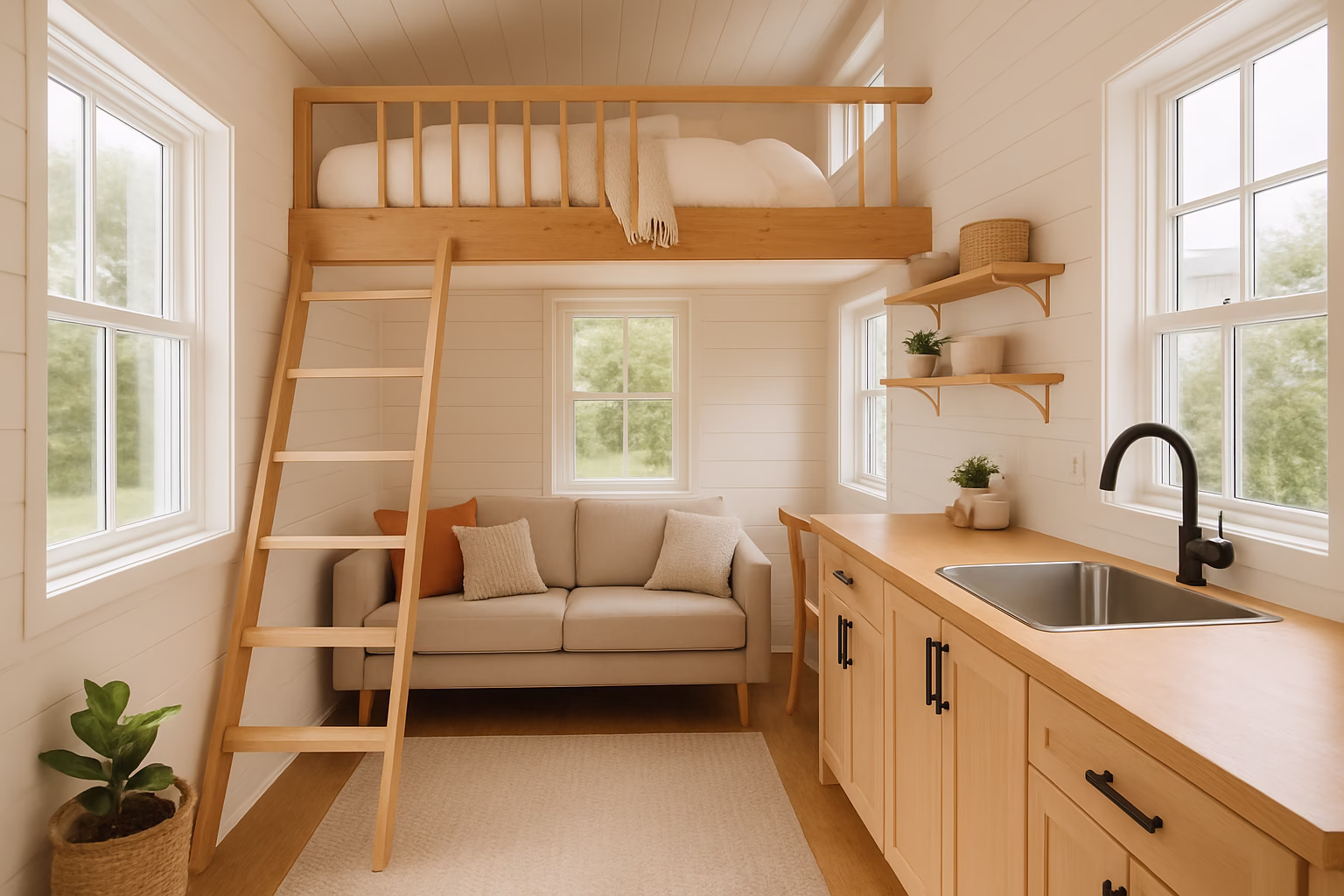 Bright, modern tiny house interior with a cleverly designed loft bed, showcasing innovative Beds For maximizing space and comfort in compact living.