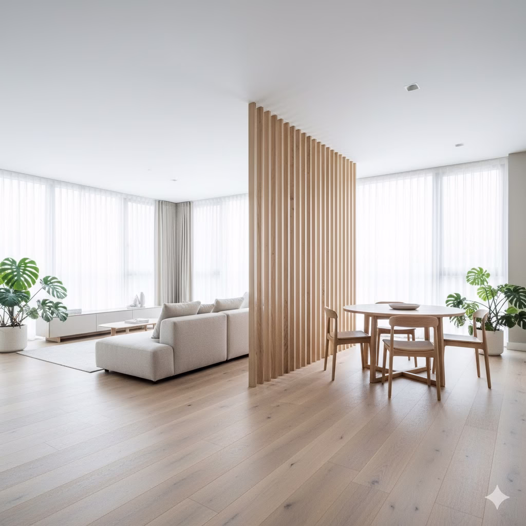 A bright, open-plan living and dining area separated by a vertical slatted wooden screen, showcasing a Minimalist and airy design.