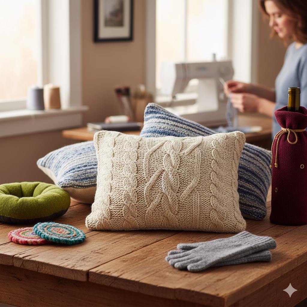 An attractive display showcasing several finished sweater refashion projects, including throw pillows, felted coasters, a pet bed, fingerless gloves, and a wine bottle gift bag, with a person sewing in the background.