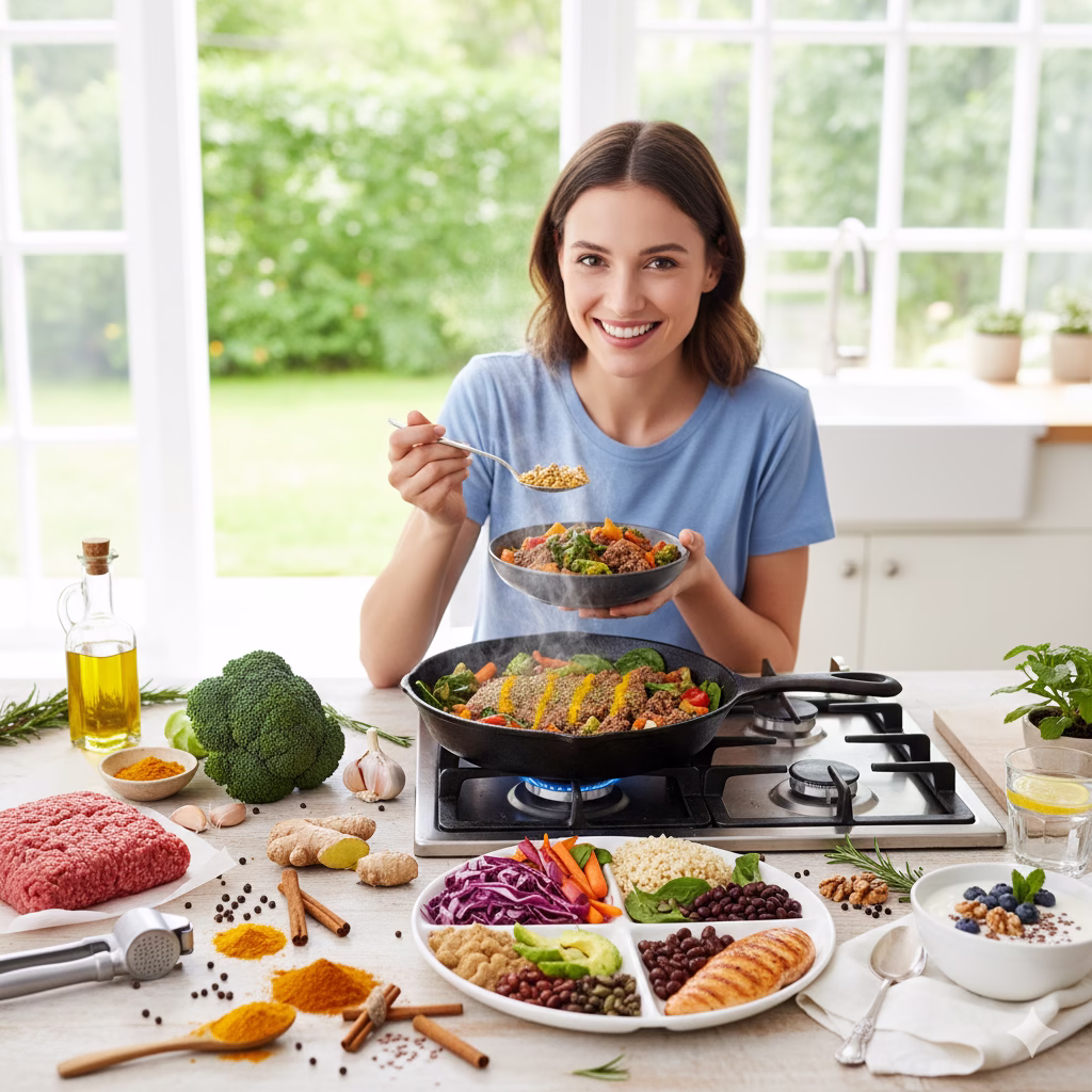 A vibrant, overhead shot of a healthy bowl of Vegetables With Ground Beef, brightly lit on a wooden table, emphasizing delicious and effective Anti Inflammation Recipes.