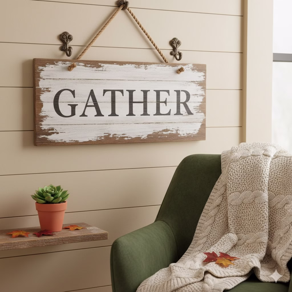 Close-up of rustic "GATHER" sign, a perfect example of DIY Room Décor, hung with rope above a green armchair and white knit blanket, showcasing cozy, handmade Wall Décor and simple DIY Ideas.