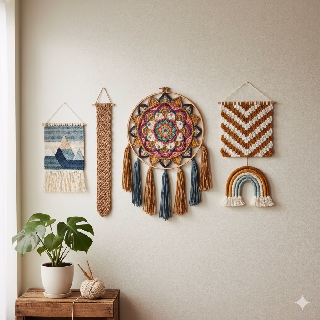A collection of four finished wall hangings—a mountain tapestry, a long textured piece, a large mandala hoop with tassels, and a chevron bobble piece above a small rainbow—showcasing diverse Crochet Ideas for modern, bohemian home decor.