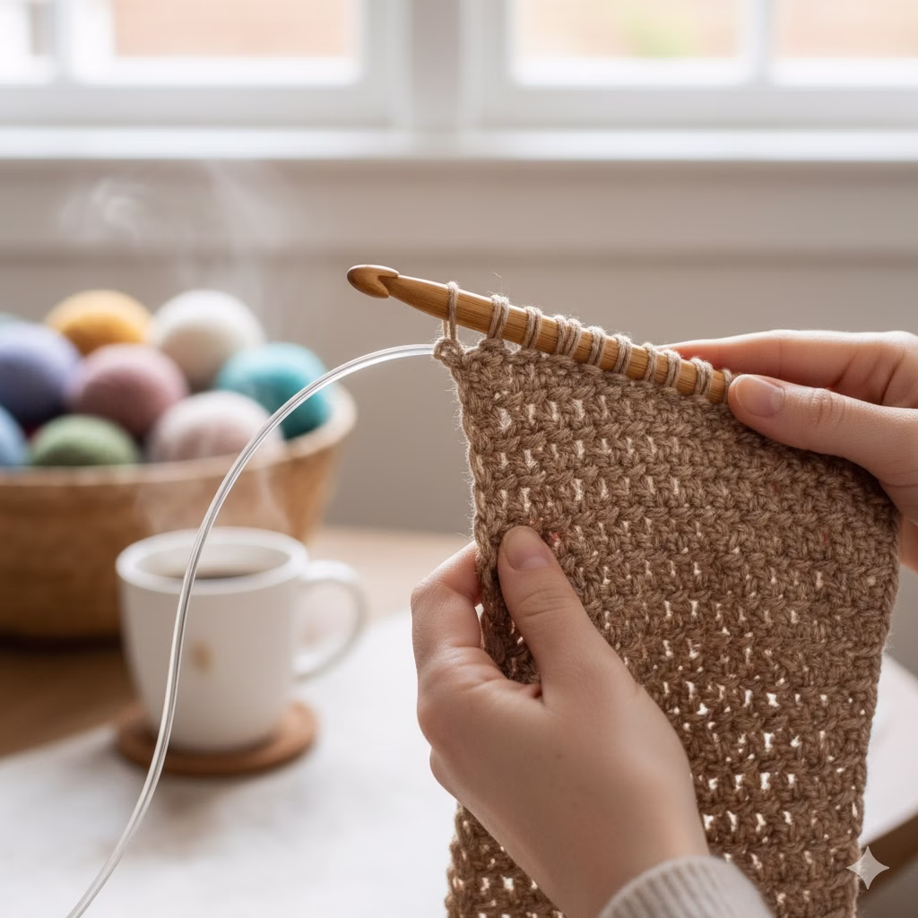 Close-up of a person's hands actively working on a Tunisian crochet project with a long, cabled Tunisian crochet hook, showcasing multiple loops on the hook. The image highlights the intricate texture of Tunisian Crochet Stitches being created, with a basket of yarn in soft colors and a steaming mug in the background, suggesting a cozy crafting atmosphere.