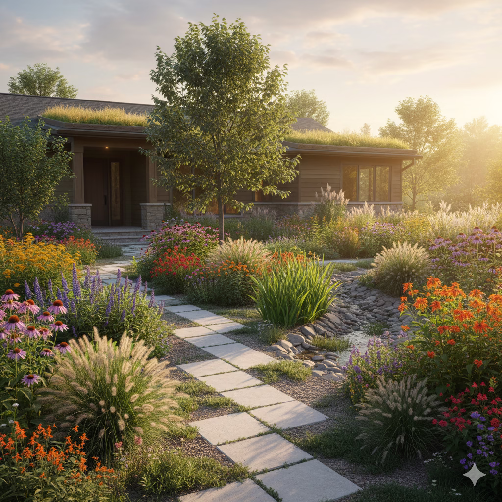 A vibrant, sustainable front yard featuring native plants, permeable pathways, and lush garden beds under a warm, golden hour sun, showcasing beautiful and eco-friendly home landscaping.