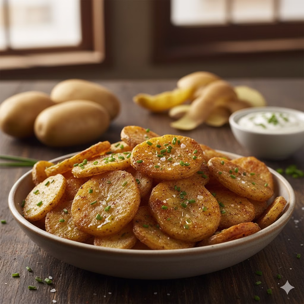 A close-up of a bowl filled with golden-brown, crispy and seasoned homemade Potato Skins, garnished with fresh chives and coarse sea salt.