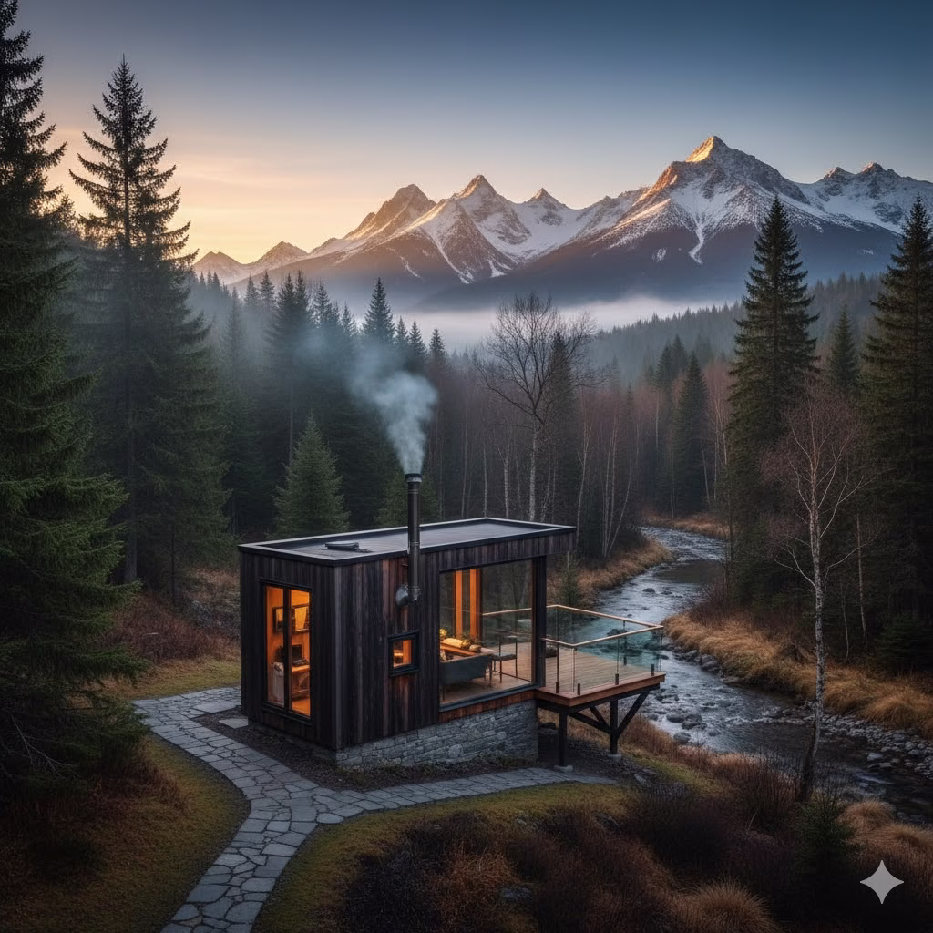 A modern, dark-wood tiny house with large windows sits nestled on a stone path next to a flowing river, backed by a dense pine forest and snow-capped mountains at sunrise, perfectly capturing a serene and isolated mountain Vacation spot.