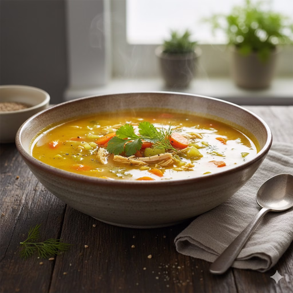 A steaming, beautifully presented bowl of golden Turmeric Chicken Soup, garnished with fresh cilantro, on a rustic wooden table next to a spoon, highlighting its comforting and healthy appeal as a Turmeric Chicken Soup.