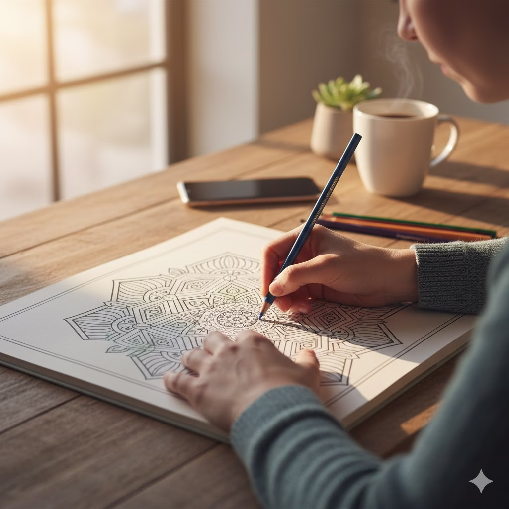 Overhead shot of a person's hands using a blue colored pencil to fill in a complex geometric pattern in an adult coloring book. A steaming mug and a muted smartphone are visible in the background, symbolizing a break from digital distraction for Visual Focus and Sensory Activities.
