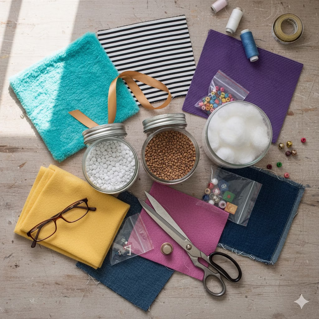 Here is an alt text description for the hero image, incorporating the requested keywords: Flat lay of colorful fabrics (fleece, corduroy, stripe), ribbon, sewing tools, and jars of filling materials (plastic pellets, lentils, cotton stuffing) for making a DIY Sensory Cuddle Ball. This visual guide supports crafting for calming Sensory Activities.