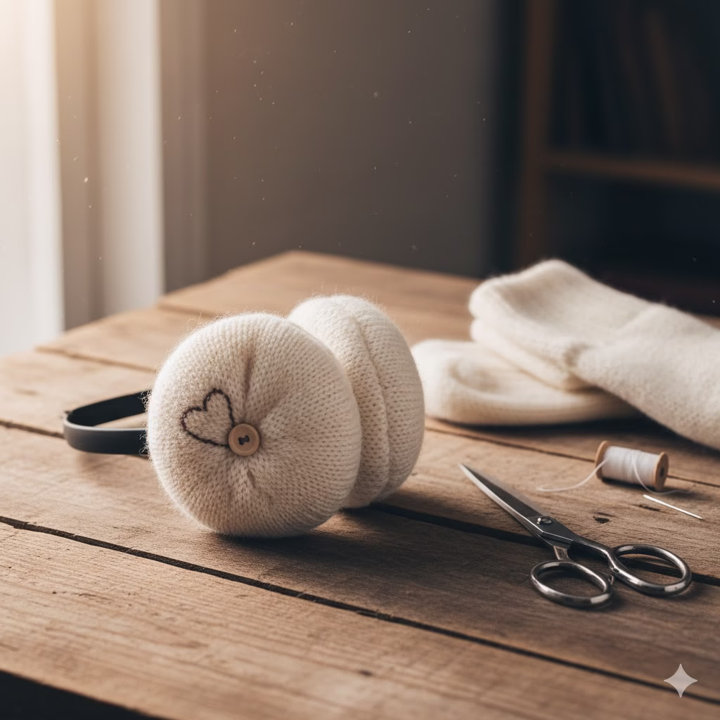 A pair of finished, cozy, cream-colored DIY Ear Muffs made from knitted socks, resting on a rustic wooden table next to the simple materials (socks, headband) used to create this winter Accessory.