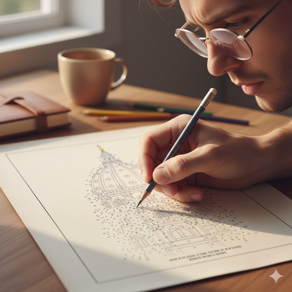 A focused adult, wearing glasses, intently works on an intricate connect the dots printable with a pencil. This image captures the essence of using Sensory Activities as a Mind Hack for adult focus.