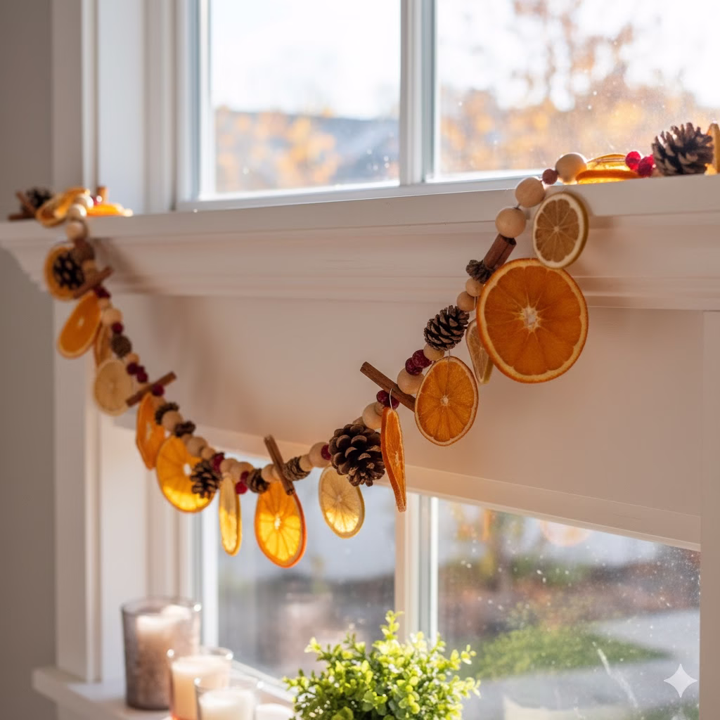 Close-up of a stunning, handmade Dried Fruit Garlands draped across a sunlit white window sill. The garland features translucent dried orange and lemon slices, cranberries, wooden beads, and small pinecones strung on twine, with sunlight shining through the fruit to showcase the vibrant, warm colors.
