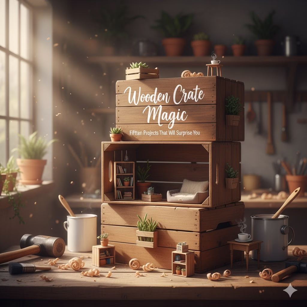 A workbench filled with miniature wooden crate projects, including small shelves, beds, and tables, with larger stacked wooden crates in the background featuring the text 'Wooden Crate Magic,' suggesting creative DIY upcycling.