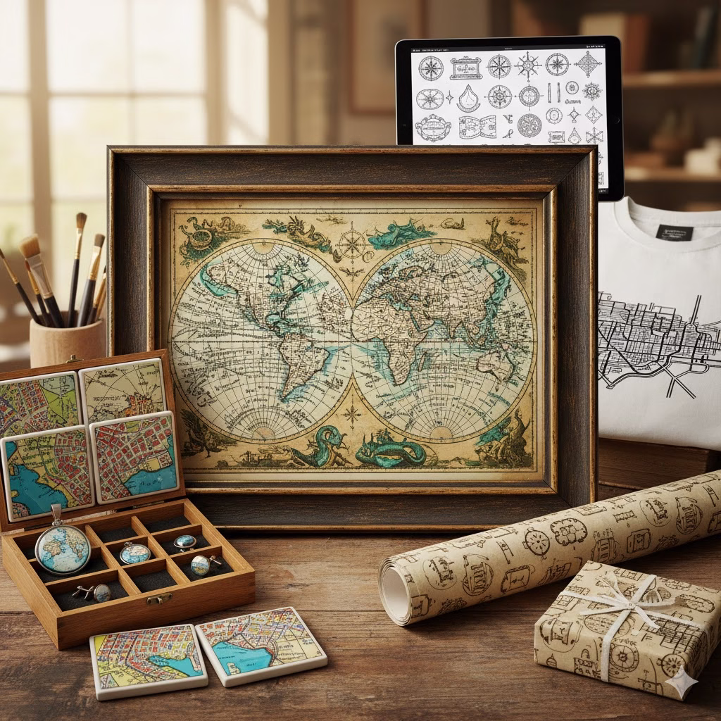 An inspiring collection of items made from public domain maps, featuring a framed antique map, map-inspired accessories, printed fabric, and decorative paper crafts, highlighting creative uses of historical cartography.