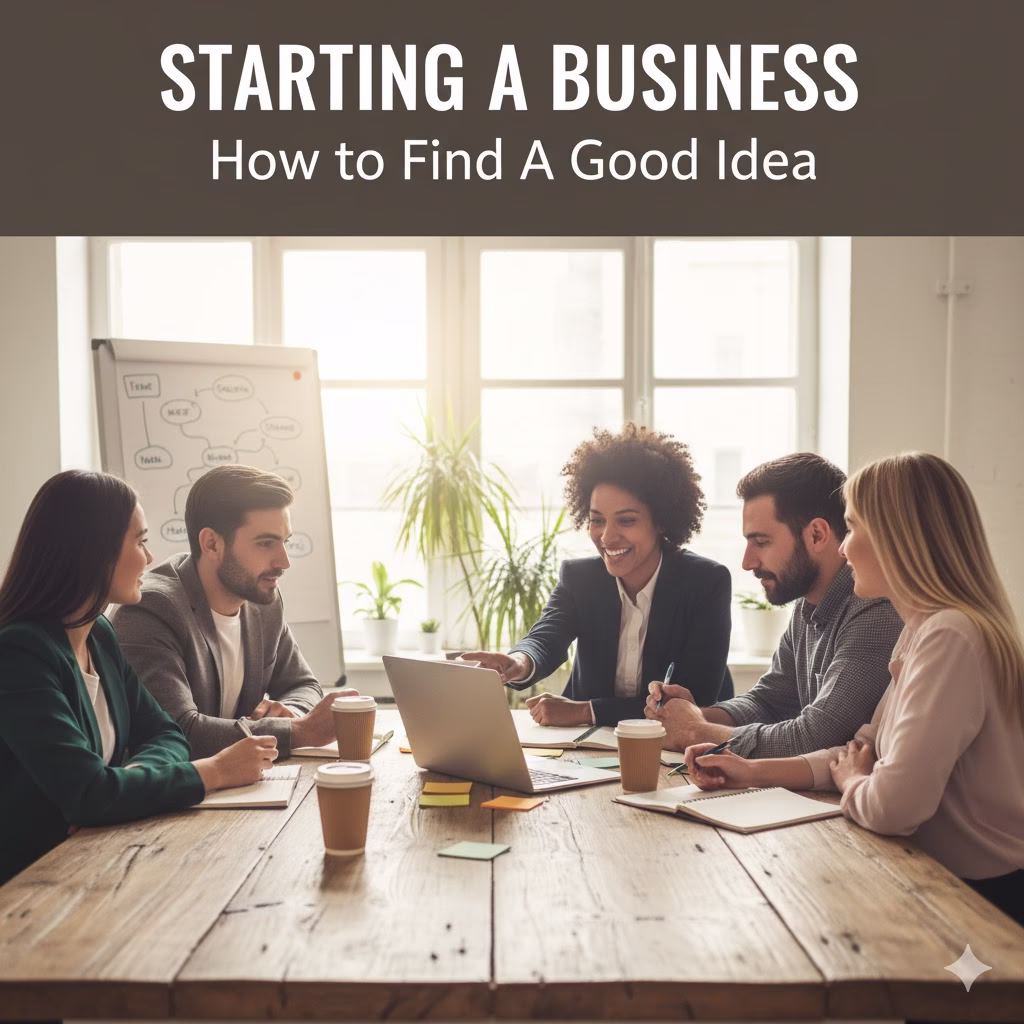 A group of five professionals sitting around a wooden table during a meeting, looking at a laptop and taking notes. A whiteboard is visible in the background, suggesting a business planning or brainstorming session related to Starting A Business.