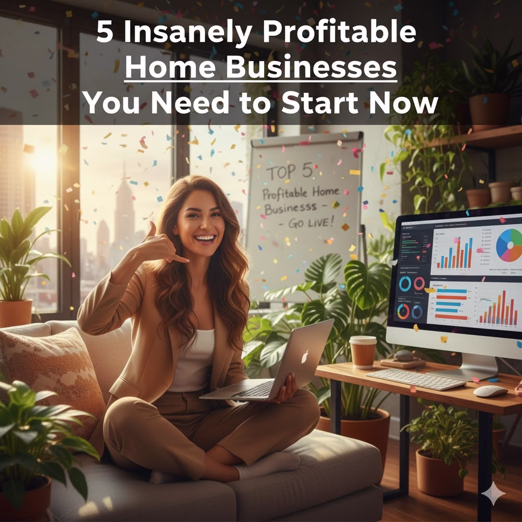 A woman, representing a successful entrepreneur, sits comfortably on a couch in a sunlit modern home office with a city view, working on her laptop and making a cheerful "call me" sign. The image conveys the excitement of starting profitable home businesses, with confetti and an adjacent screen showing positive business analytics.