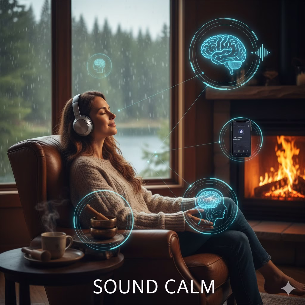 A woman relaxing peacefully in a cozy armchair by a window on a rainy day, wearing headphones. Visual cues of sound waves and brain activity surround her, illustrating the concept of Sound Calm for deep relaxation and mental well-being.