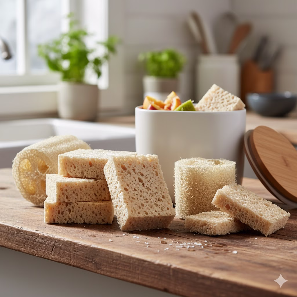 A close-up of various natural, compostable sponges (some cellulose blocks, some dried loofah pieces) sitting on a wooden counter next to a white ceramic container holding food scraps, ready for a zero-waste cleaning routine.
