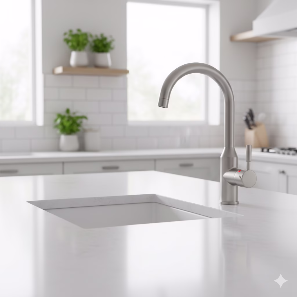 A sleek, brushed stainless steel gooseneck 3-in-1 instant boiling water Kitchen Tap installed in a minimalist white kitchen island, showing clear, uncluttered counter space.