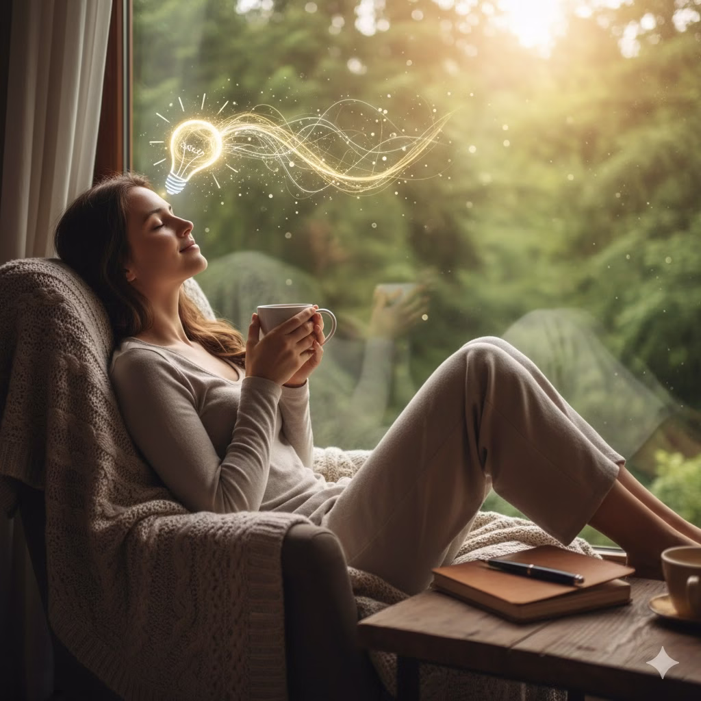 A serene image illustrating How to Rest for creative breakthroughs: A person relaxes comfortably in an armchair by a window overlooking a lush, sunlit green view, holding a mug. A glowing lightbulb symbolizing a new idea streams from her head, showing the result of restful reflection.
