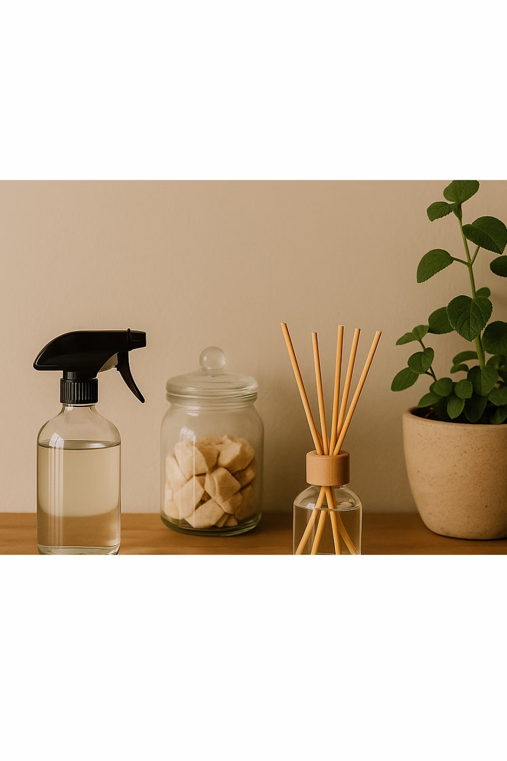 A minimalist arrangement on a wooden shelf featuring three homemade methods for creating a natural home scent: a clear glass spray bottle, a glass jar of dried citrus potpourri, and a glass reed diffuser next to a small potted green plant.
