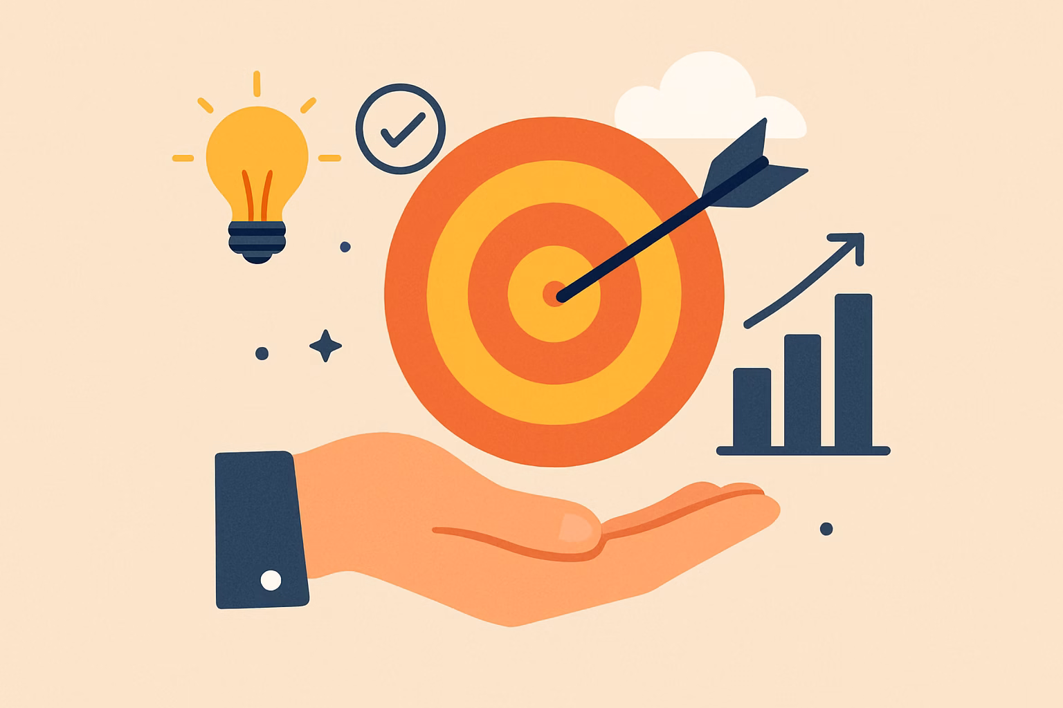 Illustration showing a hand holding up a target with an arrow in the bullseye, alongside a lightbulb (idea) and an upward trending bar graph (success). This represents Purpose-Driven Goals and successful ambition.