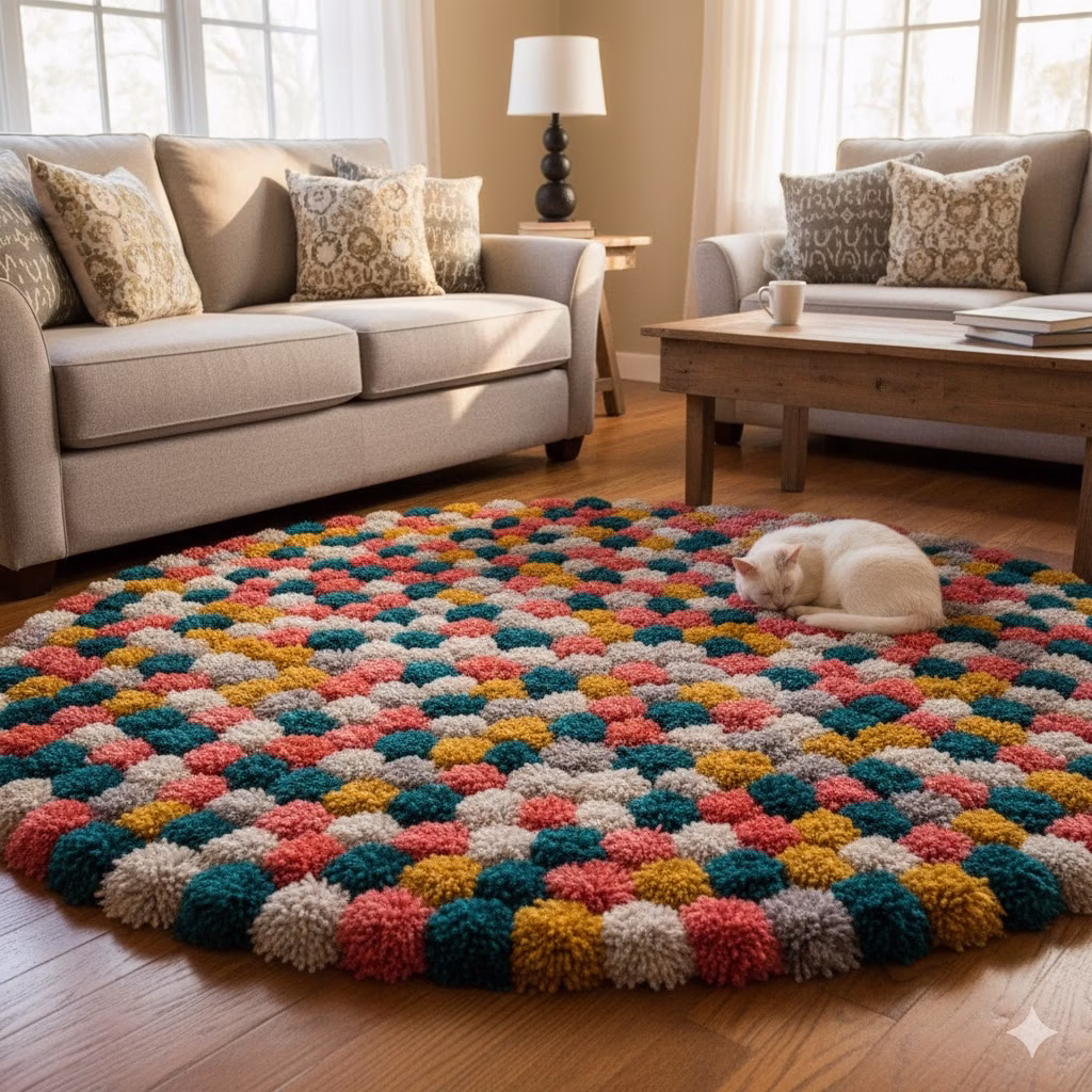 A fluffy, round DIY Pom Pom Rug in vibrant colors (yellow, teal, coral, and gray) lies on a wooden living room floor. A white cat is curled up asleep on the rug, which is surrounded by comfortable sofas and a coffee table, showcasing the inviting texture of the Pom Pom Rug.