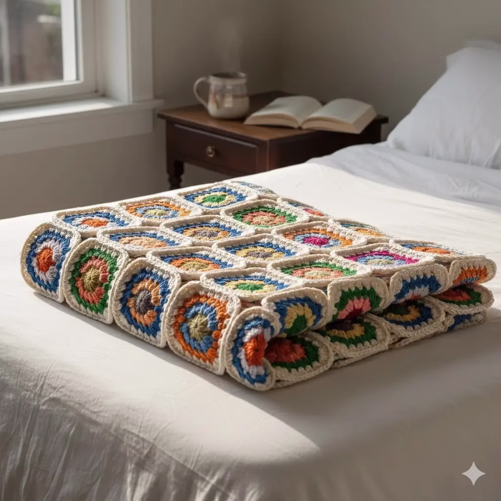 A cozy, zoomed-in shot showcasing the intricate texture of the Scrappy Chic Square Pattern in a finished crochet blanket, draped next to a ceramic mug of tea in soft, natural morning light.