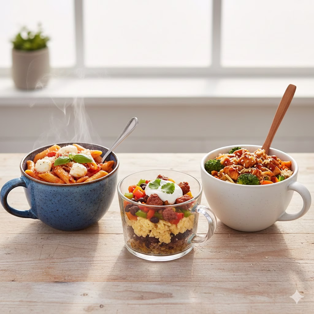 Three steaming single-serving meals on a wooden table, demonstrating quick Dinner in a Mug concepts. The mugs show (left to right): a blue mug with red sauce pasta and mozzarella, a clear mug layered with scrambled eggs and peppers, and a white mug with sesame chicken, rice, and broccoli stir-fry.