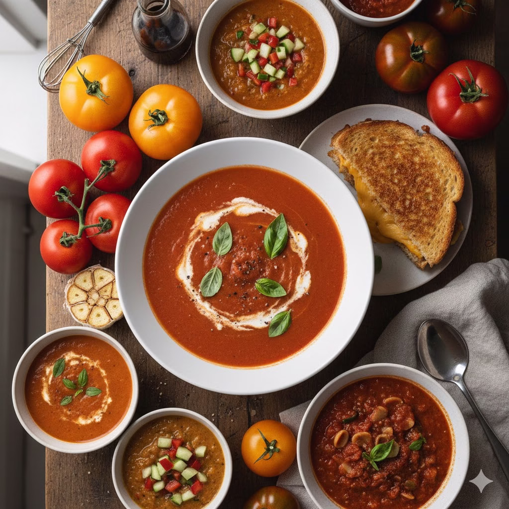 An overhead shot displaying various Tomatoes Soup Recipes and preparation styles, including a large central bowl of creamy tomato soup garnished with basil and a side of grilled cheese, surrounded by yellow and red fresh Tomatoes.