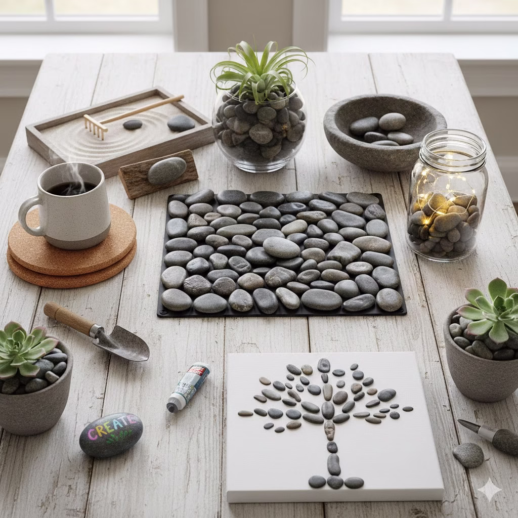 A rustic wooden table displaying various DIY rock crafts, including a river rock bath mat, a mini zen garden, a jar filled with illuminated rocks, and a canvas featuring a rock mosaic tree. This image showcases versatile rocks and craft ideas for adults, perfect for dollar tree crafts.