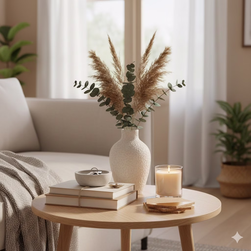 Styled oak accent table next to a light sofa, featuring a tall textured vase with pampas grass and eucalyptus, stacked books, a concrete catchall bowl with keys, and a lit candle. This image showcases successful DIY Décor Ideas for small spaces.