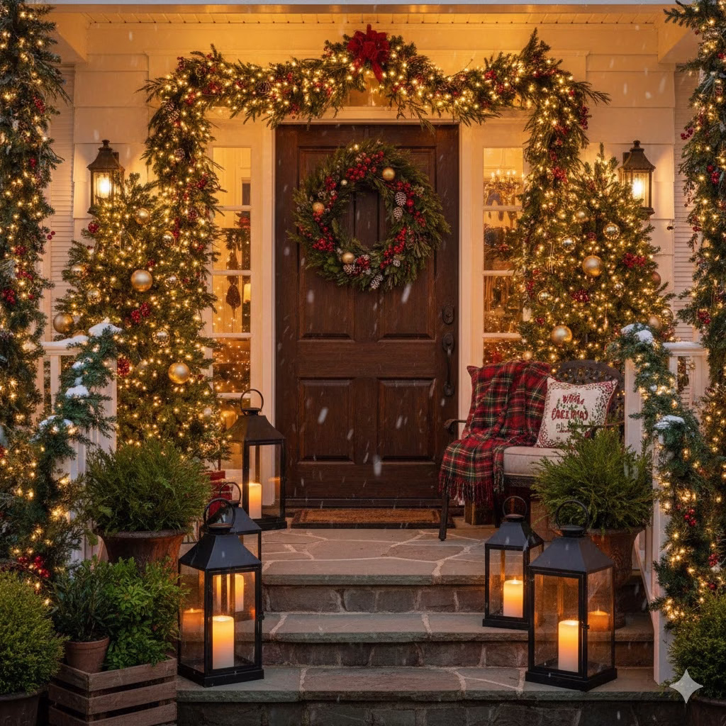 A classic, warm-lit home exterior with a dark wood door. The entryway is heavily decorated for Christmas. Thick evergreen garland, accented with red berries, frames the door. Two matching potted trees covered in warm string lights and gold ornaments flank the door, creating perfect symmetry. Large black lanterns with glowing candles sit on the stone steps. This beautiful setup shows great Front Porch Christmas décor, maximizing holiday appeal.