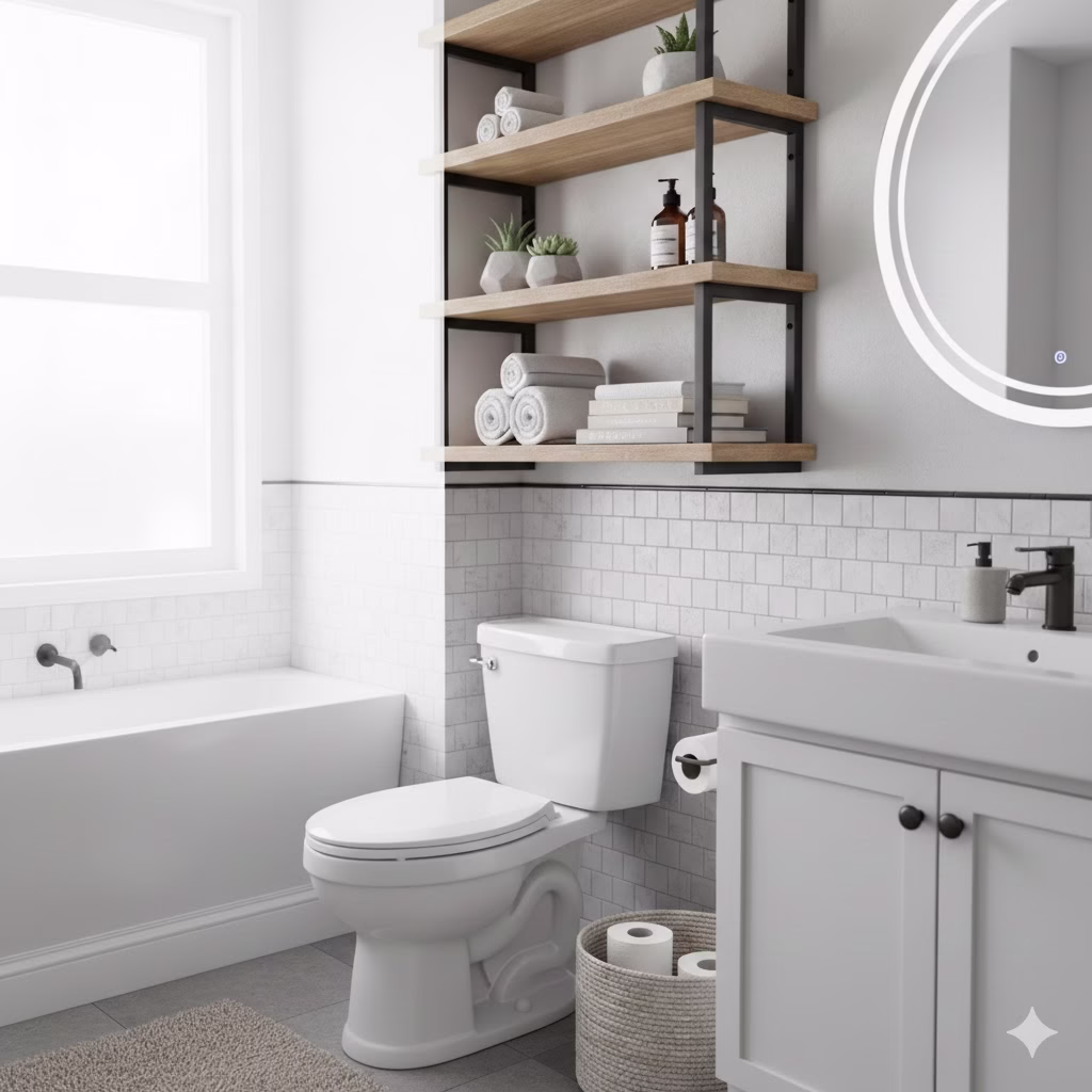 A bright, modern bathroom featuring a multi-tiered shelves above toilet unit, demonstrating 10 stunning ideas for maximizing storage. The shelves display organized items and decor.