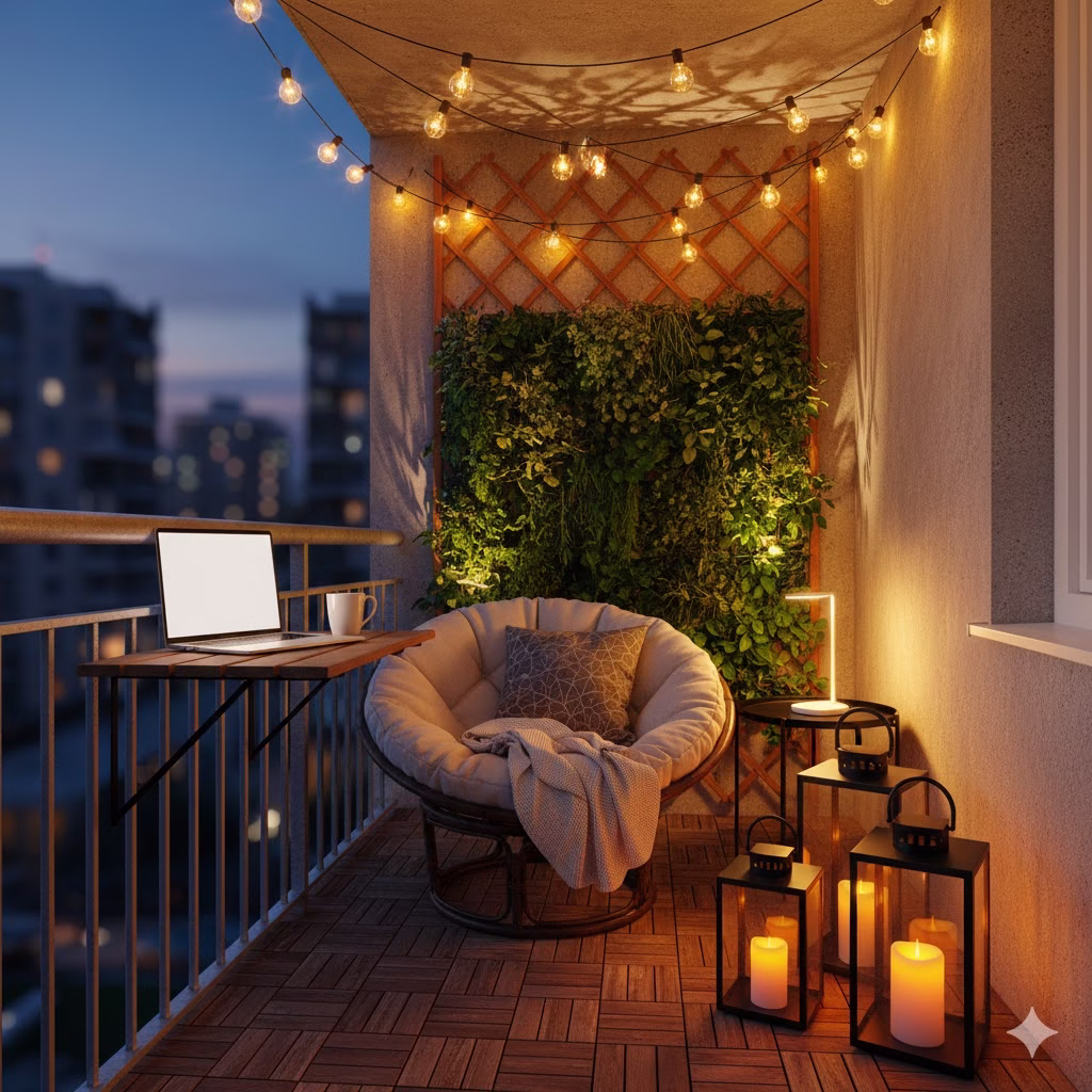 A small apartment balcony at twilight featuring a dreamy nighttime oasis setup with layered lighting. Warm Edison-style string lights are draped across the ceiling, while a glowing lantern sits on interlocking wood deck tiles. A small spotlight illuminates a vertical garden wall, creating an aesthetic and cozy urban outdoor retreat.