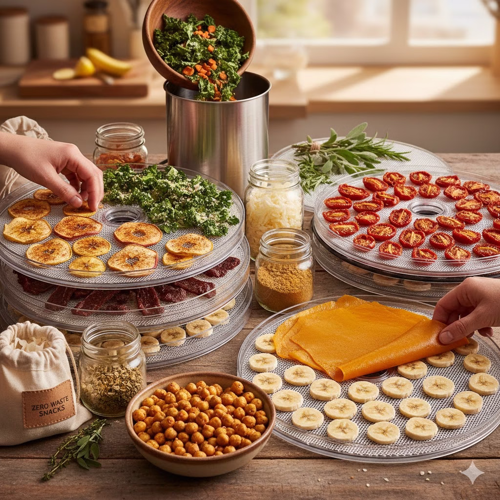 A rustic kitchen table featuring a variety of colorful Dehydrator Recipes, including jars of dried fruit and vegetables next to a modern food dehydrator.