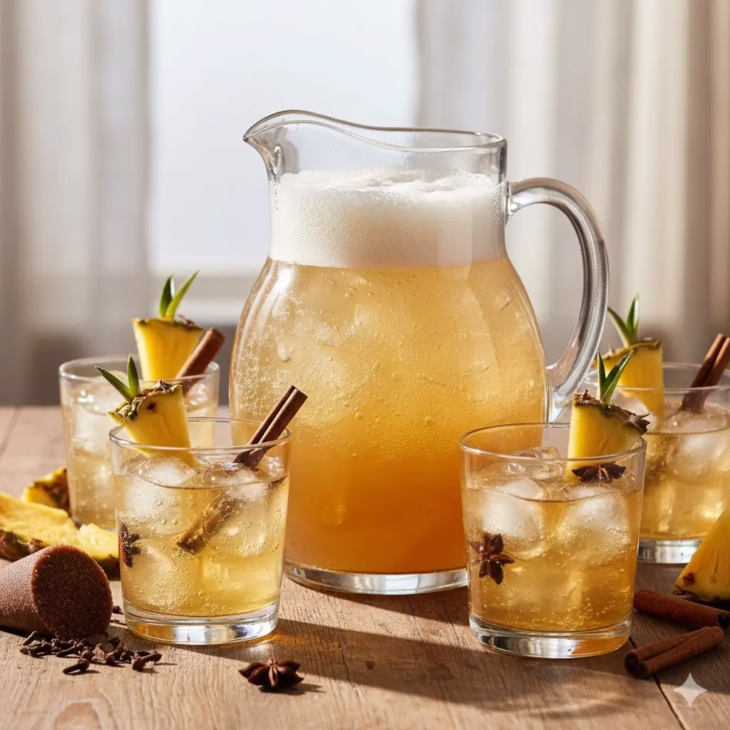 An elegant, sun-drenched shot of a tall glass pitcher filled with golden, bubbly Pineapple Tepache, topped with a thick layer of natural white foam. On a rustic wooden table, several glasses filled with ice and the amber-colored drink are garnished with fresh pineapple wedges and cinnamon sticks, highlighting the refreshing nature of this fermented beverage.