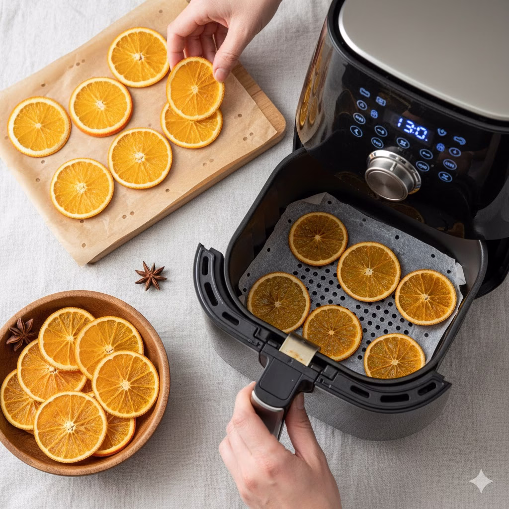 A modern air fryer basket is filled with a single layer of vibrant citrus rounds. The image demonstrates how to dry orange slices efficiently using rapid air circulation, showing the fruit transitioning from juicy and fresh to a beautiful, translucent, and shelf-stable garnish.