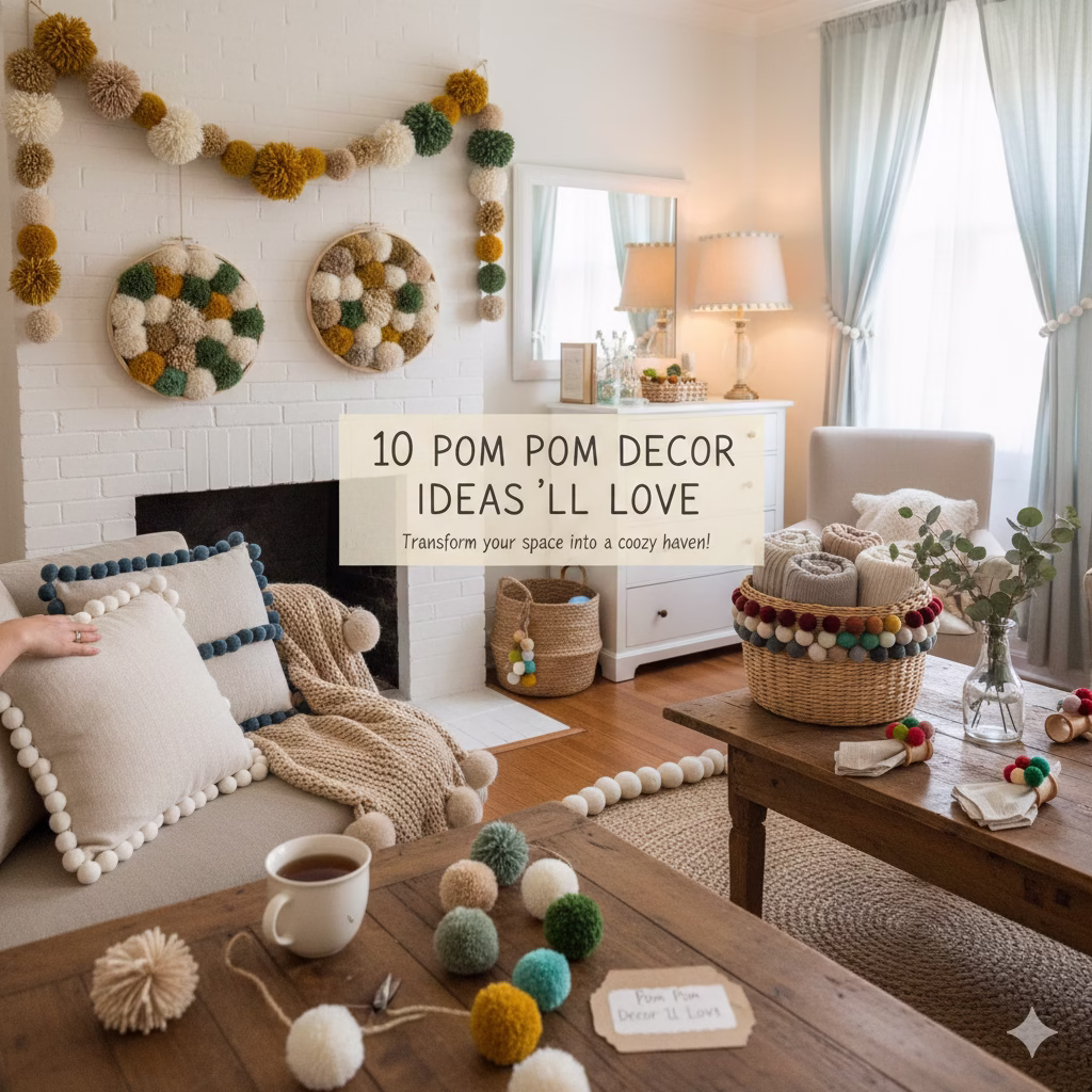    Query successful

A cozy living room featuring various DIY pom pom decor projects. A fireplace mantel is adorned with a long garland of mustard, green, and cream pom poms, flanked by two hoop wall art pieces made of dense pom poms. A sofa has pillows trimmed with pom poms, and a basket on the coffee table holds folded blankets decorated with colorful poms.