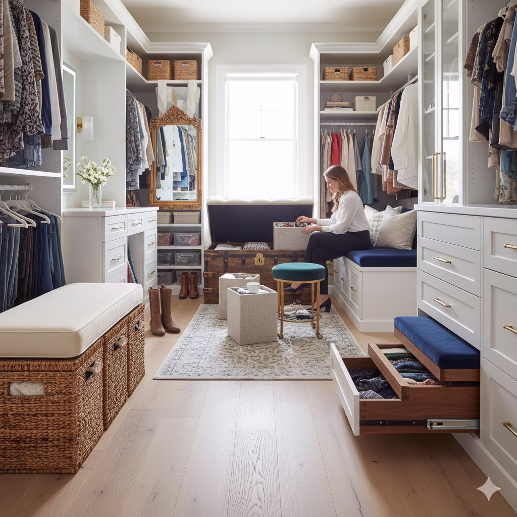 A bright, well-organized luxury walk-in closet featuring several seating ideas. A woman sits on a built-in bench with a navy blue cushion, sorting items from a dark wooden storage trunk used as a centerpiece. Other seating options visible include a woven storage bench with a light cushion, a small velvet stool, and a pull-out wooden step/drawer unit with a blue cushion. The closet features white cabinetry, drawers with brass hardware, and open shelving with wicker baskets.