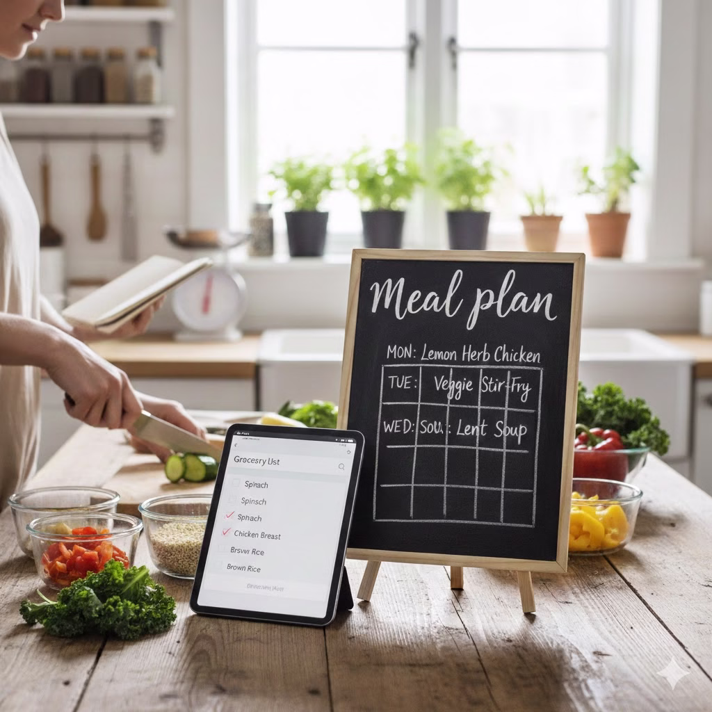 A woman in a sunny kitchen preparing food on a wooden counter. A small chalkboard easel displays a Meal Plans schedule for the week with meals written in chalk (MON: Lemon Herb Chicken, TUE: Veggie Stir Fry, WED: Lent Soup). In the foreground, a tablet shows a digital grocery list with items like Spinach, Chicken Breast, and Brown Rice checked off, demonstrating the integration of technology with effective Meal Planning to reduce waste and save money.