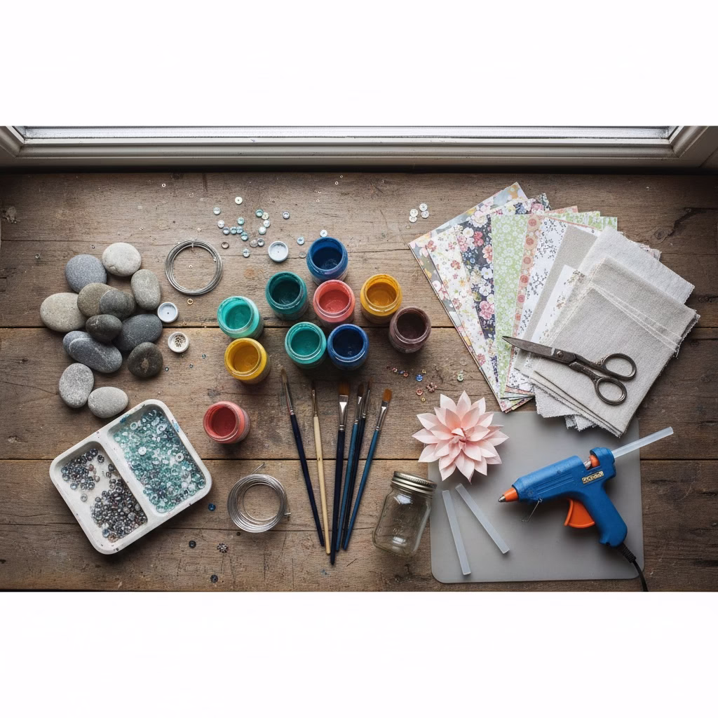 Curated collection of supplies for simple DIY projects and Crafts For Adults, including paint, beads, patterned paper, fabric scraps, and a glue gun, laid out on a rustic wooden table.