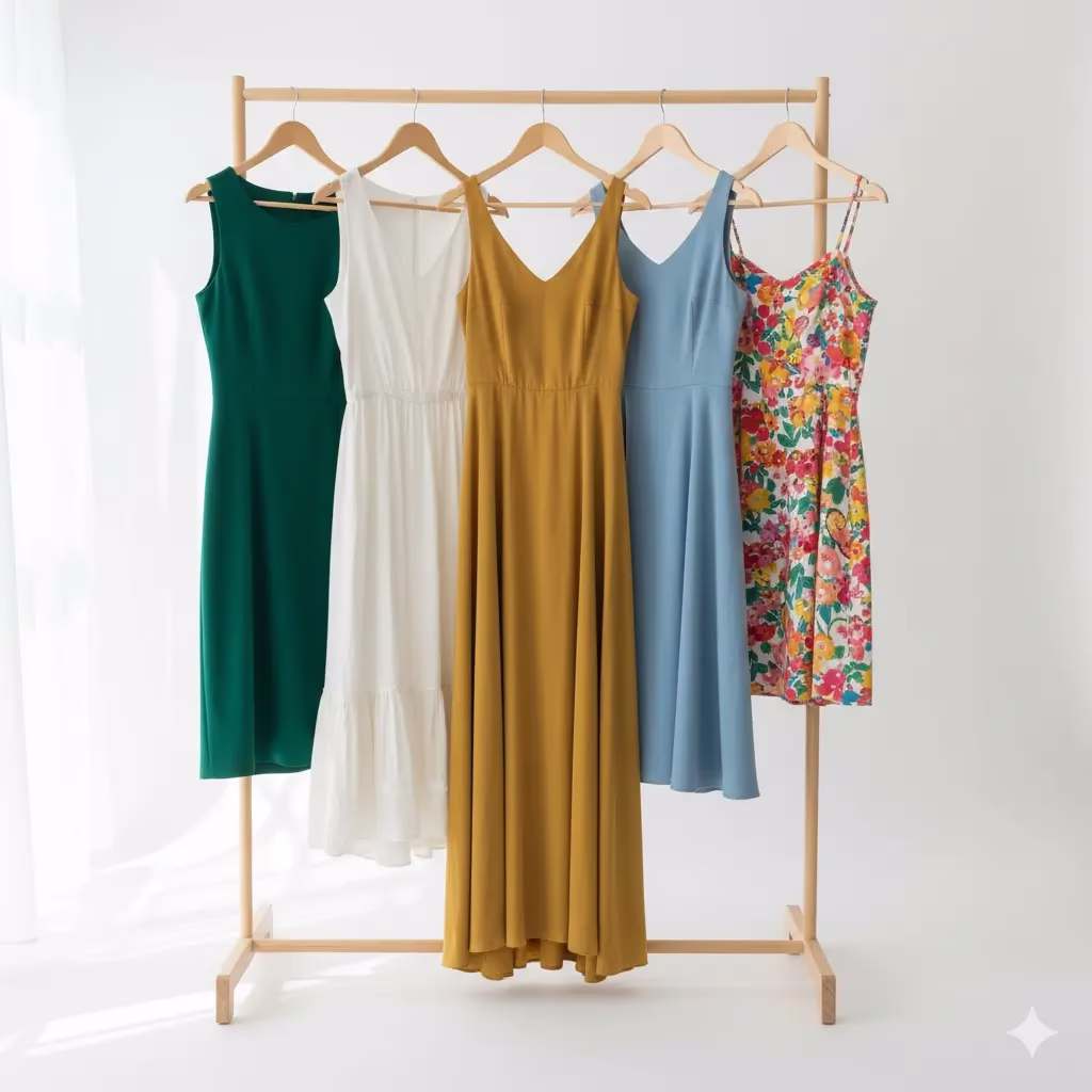 A professional sewing studio display featuring a wooden garment rack with five distinct dresses—a green shift, white midi, yellow princess-seam gown, blue A-line, and floral sun dress—all designed from one pattern to demonstrate consistent foundation fit and modular design.