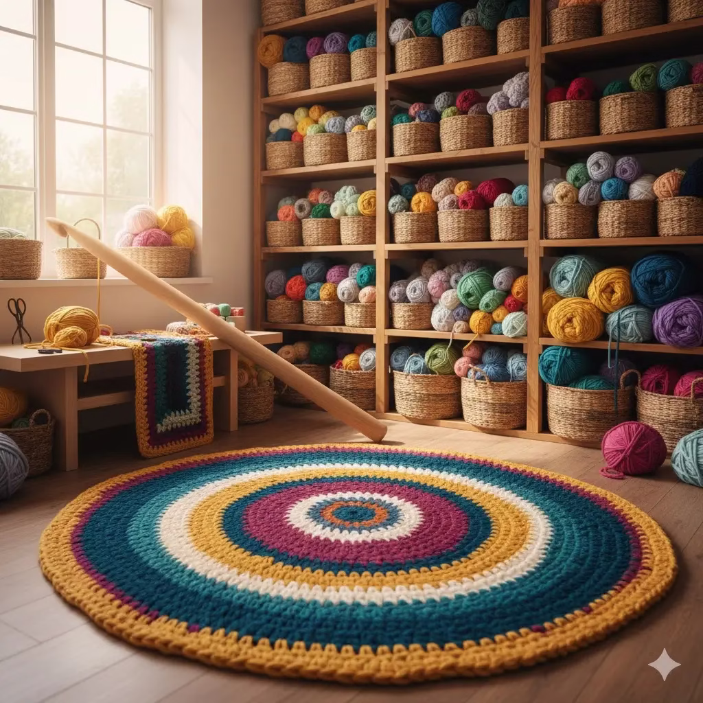A vibrant, top-down photograph showcasing various home decor items created by crocheting with fabric yarn, featuring a large multi-colored spiraled floor rug in the foreground and three hanging plant holders suspended from a wooden rod above. The scene is filled with artisanal textures, including chunky storage baskets and a cozy pet bed, all demonstrating the versatility of handcrafted textile art.