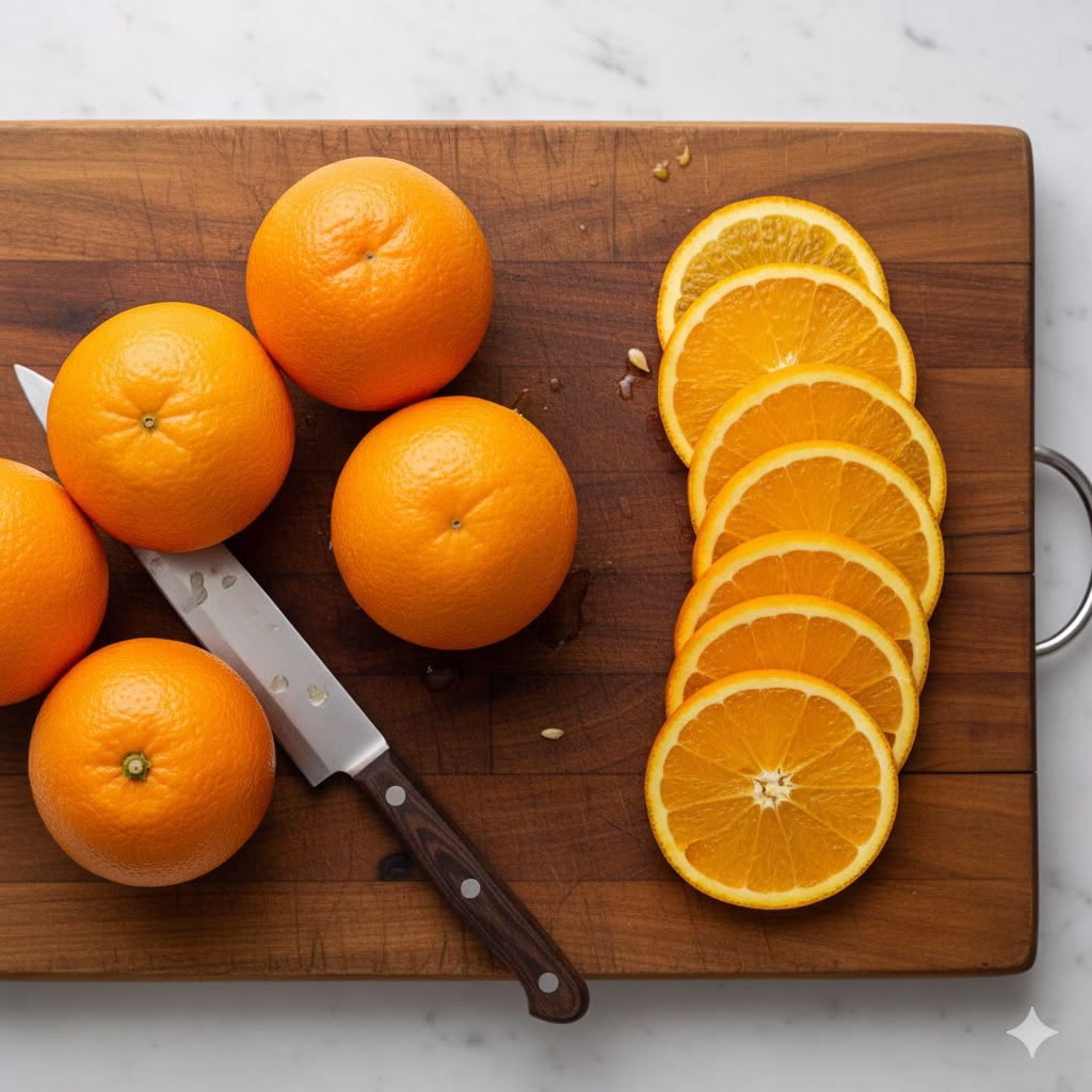 A close-up of fresh citrus wheels being arranged on a baking sheet with parchment paper, preparing for the process of oven-drying orange slices.