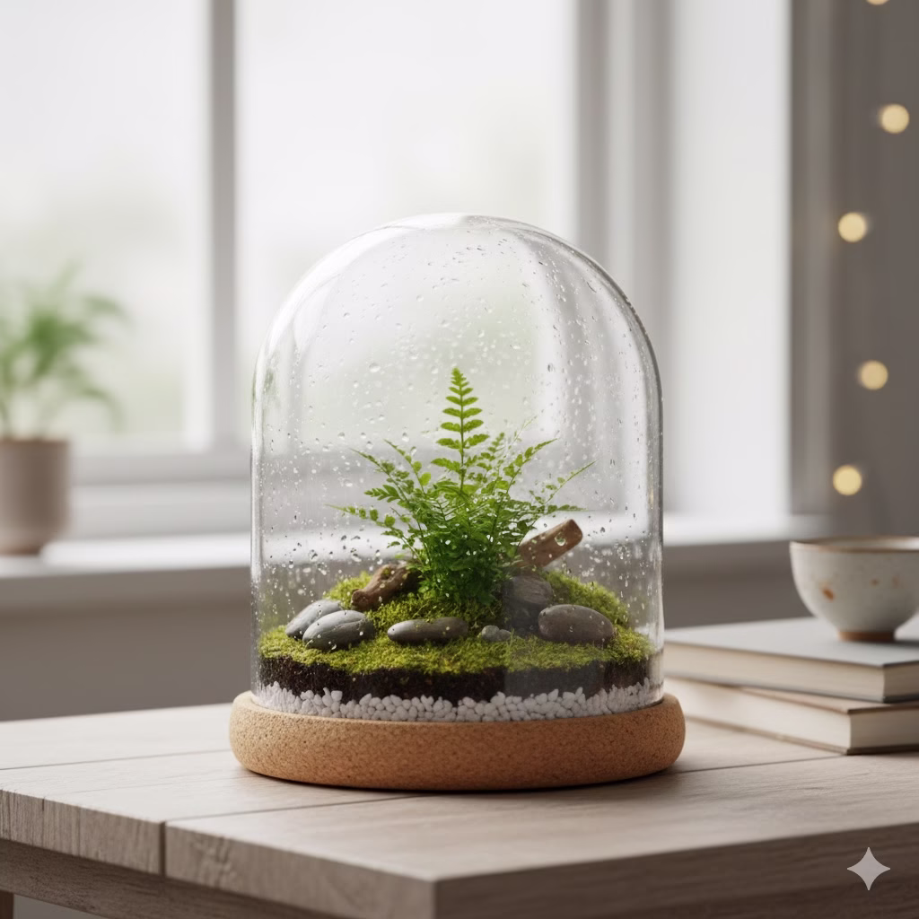 A close-up view of a vibrant closed terrarium in a glass dome, sitting on a wooden table next to a window. The terrarium contains lush, moisture-loving Beginner Terrarium Plants, including pink-veined Fittonia and green ferns, thriving in the humid, self-sustaining environment.