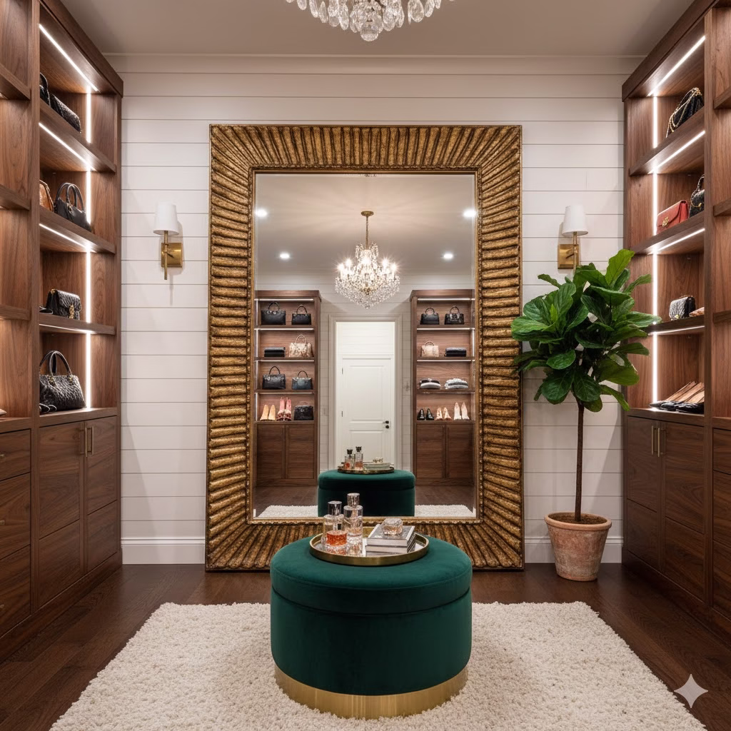 A grand, rectangular Statement Mirror with a thick, textured gold or woven wooden frame dominates the center of a luxurious walk-in closet. The mirror reflects a crystal chandelier and light wood shelving, doubling the sense of space. It is flanked by dark wood built-in shelving with integrated LED lighting and brass wall sconces, creating a balanced, symmetrical look. In the foreground is a plush, emerald green velvet ottoman with a gold base, holding a decorative tray with perfumes, sitting on a fluffy white rug.