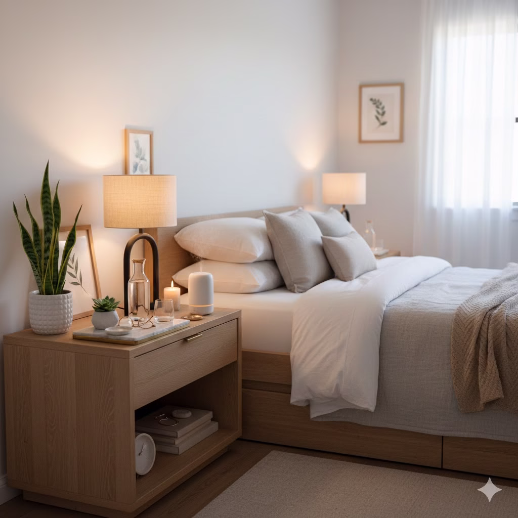 A wide, elegant photograph of a minimalist bedroom. The focal point is a wooden bedside table perfectly styled with a snake plant, a modern lamp casting a warm glow, a water carafe, and a small white diffuser, highlighting the 'That Girl' aesthetic of intentional living.