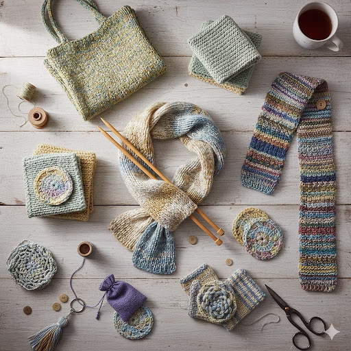 A high-end flat-lay featuring several small knitting projects, including a textured market bag, a colorful infinity scarf, and pastel dishcloths, arranged artistically with wooden needles and yarn on a rustic white table.